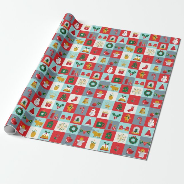 Cute Retro Winter Christmas Icon Pattern Wrapping Paper (Unrolled)