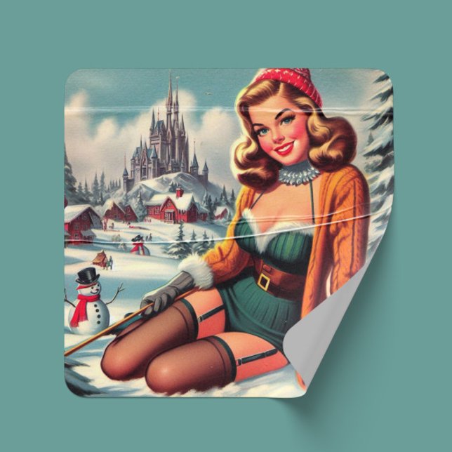 Cute Retro Winter Pin-up Square Sticker (Creator Uploaded)