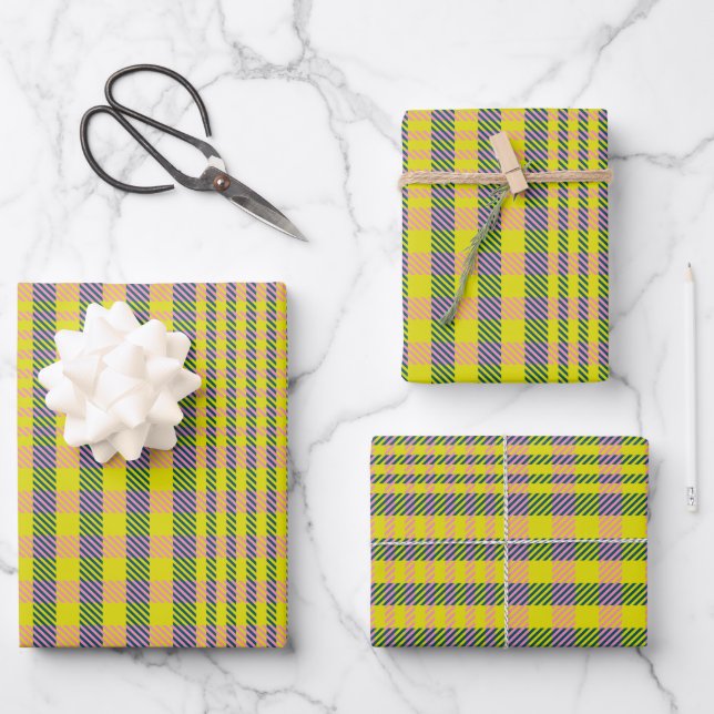 Cute Retro Yellow and Pink Glen Plaid Check Wrapping Paper Sheet (Front)