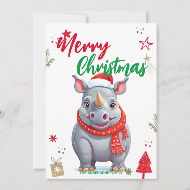 Cute rhino Christmas tree Holiday Personalise name Card (Front)