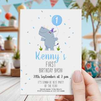 Cute Rhino First Birthday Party Card