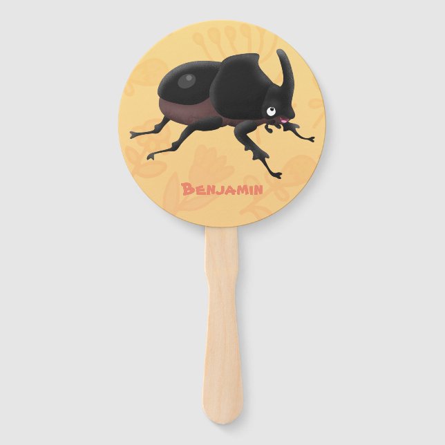 Cute rhinoceros beetle cartoon illustration hand fan (Front)