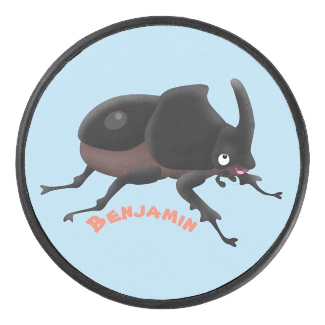 Cute rhinoceros beetle cartoon illustration hockey puck (Front)