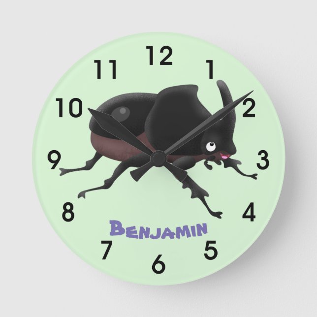 Cute rhinoceros beetle cartoon illustration round clock (Front)