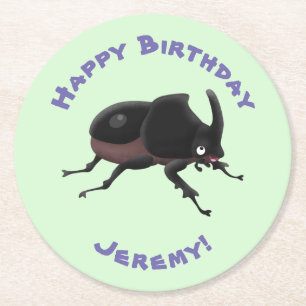 Cute rhinoceros beetle cartoon illustration round paper coaster