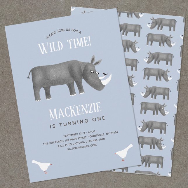 Cute Rhinoceros Boy 1st Birthday Party Invitation (Fun rhino kid's birthday party invitation)