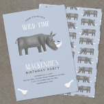 Cute Rhinoceros Boy Birthday Party Invitation<br><div class="desc">A cute rhino and some birds decorate this blue safari gender neutral birthday party invitation for a boy or girl of any age. The back features a rhinoceros pattern.
Personalize by changing the name and text to suit your celebration.</div>