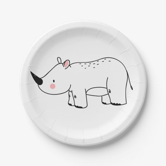 Cute Rhinoceros Jungle Safari Animal Baby Birthday Paper Plate (Front)