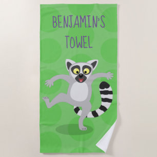 Cute ring tail lemur dancing cartoon illustration beach towel