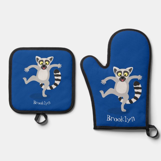 Cute ring tail lemur dancing cartoon illustration oven mitt & pot holder set (Front)