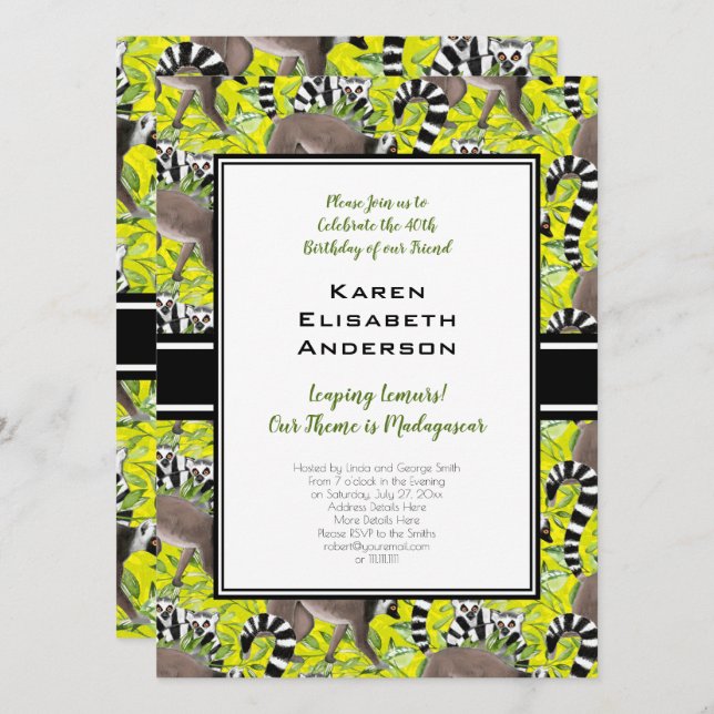 Cute Ring-Tailed Lemurs Madagascar Jungle Party Invitation (Front/Back)
