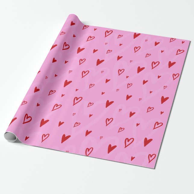 Cute rink hearts on pink background wrapping paper (Unrolled)