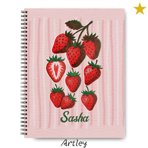 Cute Risograph Strawberries & Stripes Custom Name Notebook