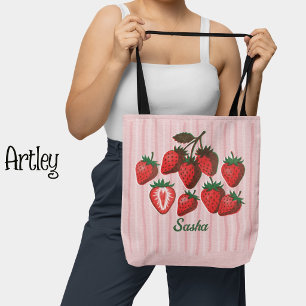 Cute Risograph Strawberries & Stripes Custom Name Tote Bag