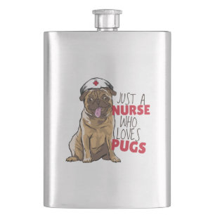 Cute RN Nurse Loves Pugs Gift Dog Mum Cartoon Pug Hip Flask