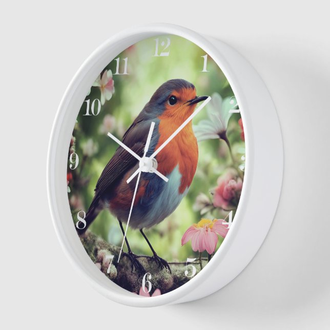 Cute Robin Among Trees, Flowers And Nature White Clock (Angle)