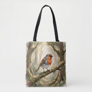 Cute robin bird in old forest tote bag