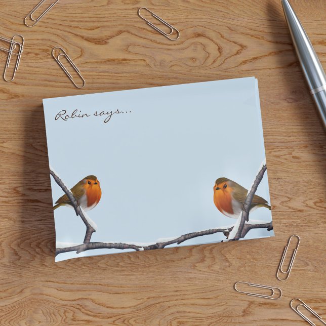 Cute Robin Bird Personalised Winter Blue Post-it Notes (Two Christmas Robins sat on a snowy branch chatting about how much they'd like to come home with you)