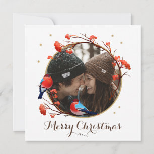 Cute Robin Birds Berries Wreath Christmas Photo Holiday Card