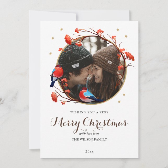 Cute Robin Birds Berries Wreath Christmas Photo Holiday Card (Front)