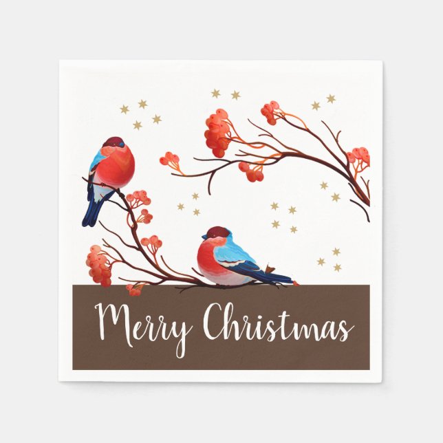 Cute Robin Birds On Red Berry Branch Christmas Napkin (Front)