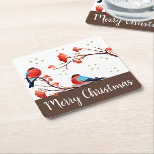 Cute Robin Birds On Red Berry Branch Christmas Square Paper Coaster