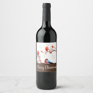 Cute Robin Birds On Red Berry Branch Christmas Wine Label