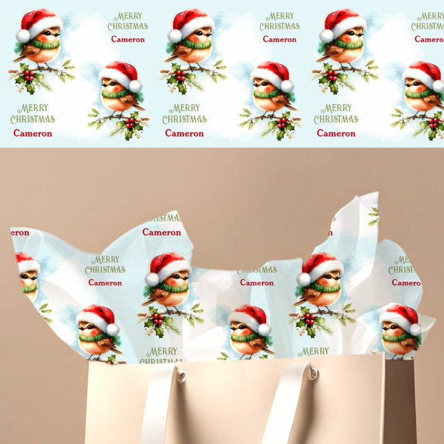 Cute Robin in Santa Hat Christmas Kids Name Text Tissue Paper (Cute Robin in Santa Hat Christmas Kids Name Text Tissue Paper)
