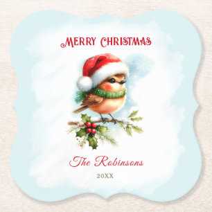 Cute Robin In Santa Hat Classic Christmas Paper Coaster