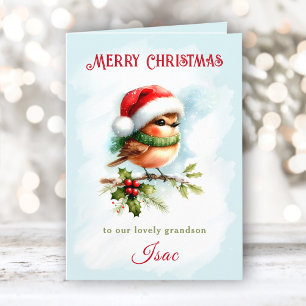 Cute Robin In Santa Hat Grandson Kids Christmas Card