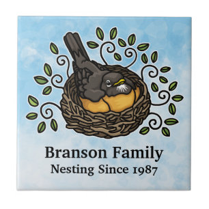 Cute Robin Nesting, Add Your Family Name and Date Tile