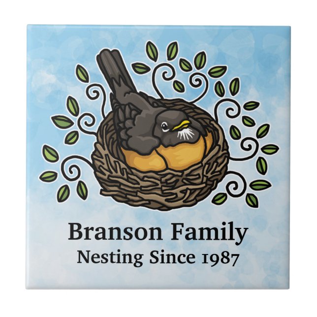 Cute Robin Nesting, Add Your Family Name and Date Tile (Front)