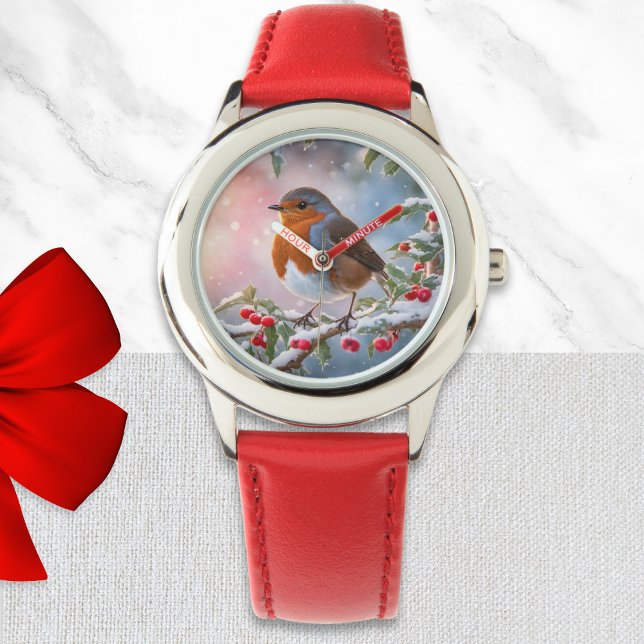 Cute Robin Redbreast Winter Snow Pretty Christmas Watch (A pretty Christmas watch with robin redbreast illustration in a watercolor style)