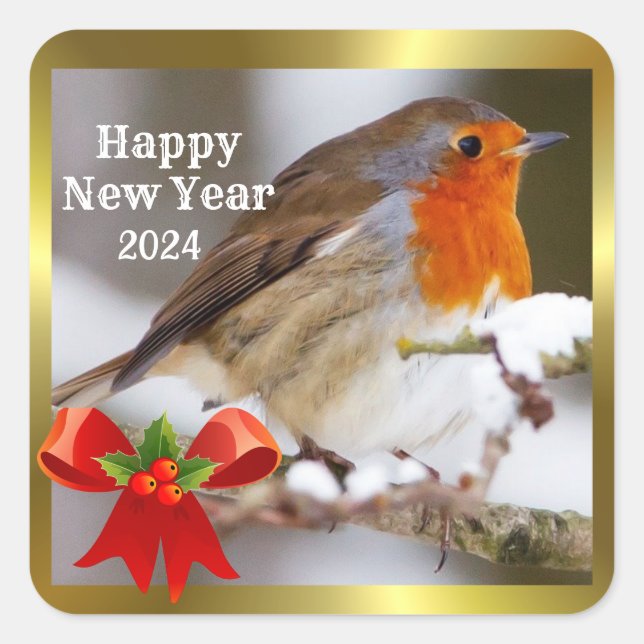 Cute Robin with red bow and holly New Year  Square Sticker (Front)