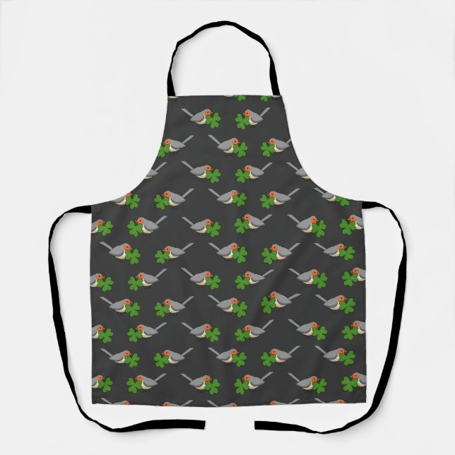 Cute Robin with Shamrock Clover Cartoon Apron (Front)