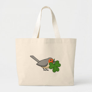 Cute Robin with Shamrock Clover Cartoon Large Tote Bag