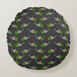 Cute Robin with Shamrock Clover Cartoon Round Cushion