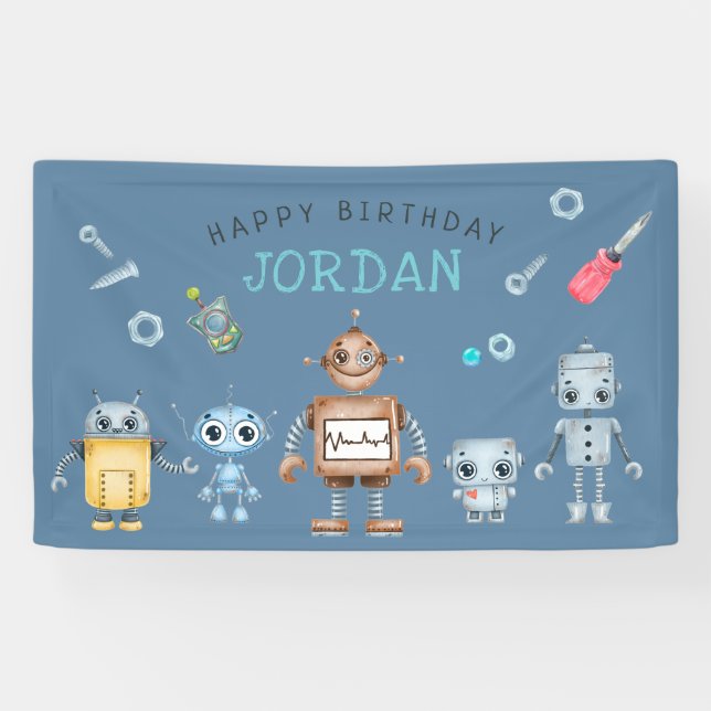 Cute Robot Birthday Party Welcome Banner (Horizontal)
