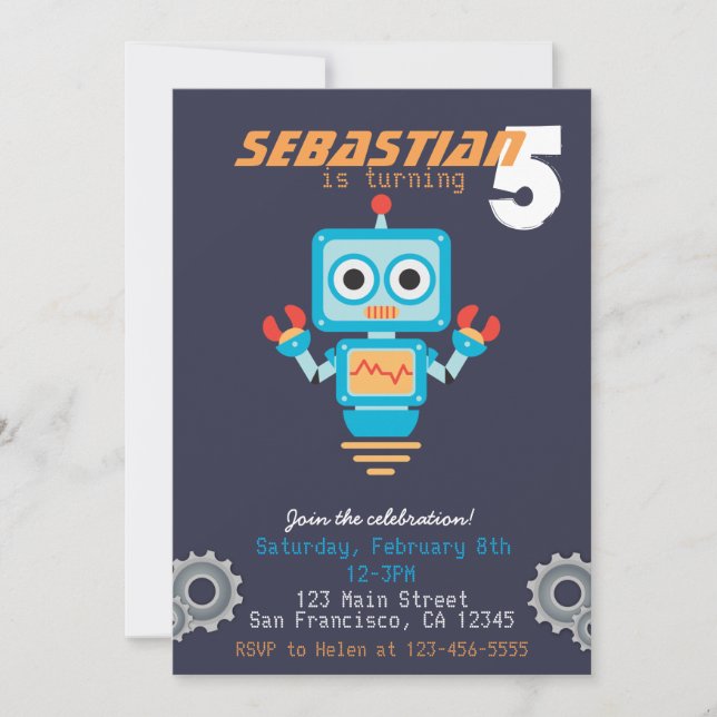 Cute Robot Boys Birthday Party Invitation (Front)