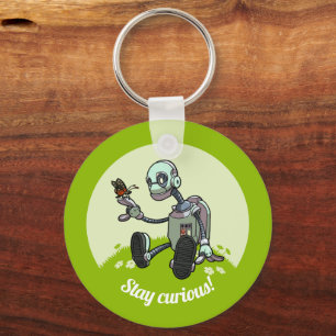 Cute Robot & Butterfly Stay Curious! Cartoon Key Ring
