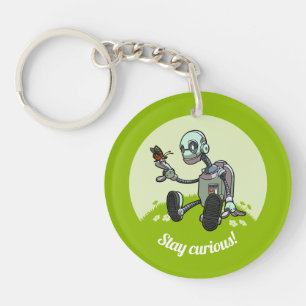 Cute Robot & Butterfly Stay Curious! Cartoon Key Ring