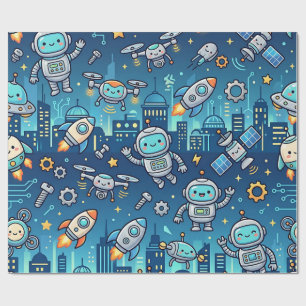 Cute Robot City Wrapping Paper