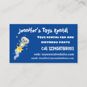 Cute robot flying in space cartoon illustration business card
