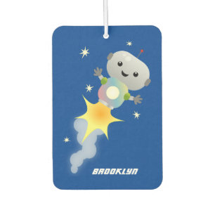 Cute robot flying in space cartoon illustration  car air freshener