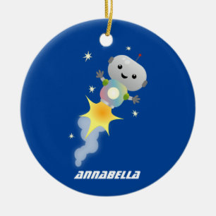 Cute robot flying in space cartoon illustration ceramic tree decoration