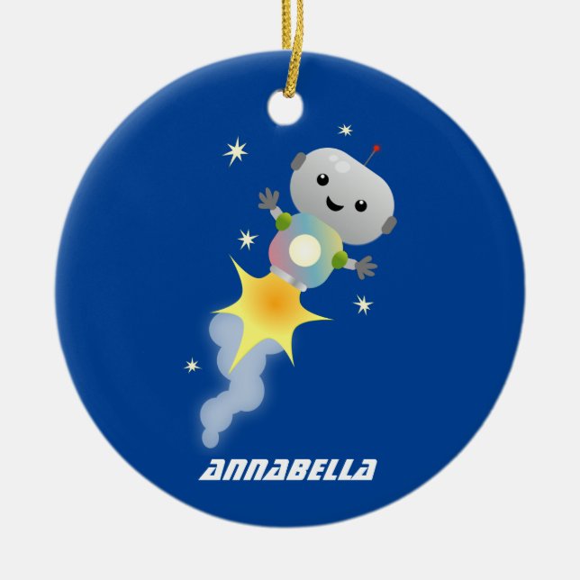 Cute robot flying in space cartoon illustration ceramic tree decoration (Front)