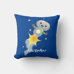 Cute robot flying in space cartoon illustration cushion