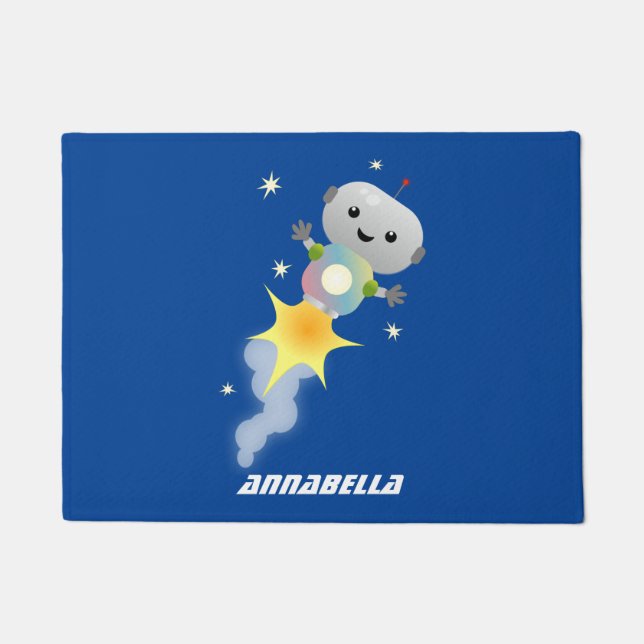 Cute robot flying in space cartoon illustration doormat (Front)