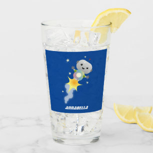Cute robot flying in space cartoon illustration glass