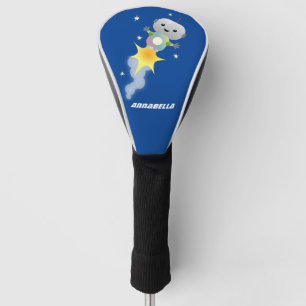 Cute robot flying in space cartoon illustration golf head cover